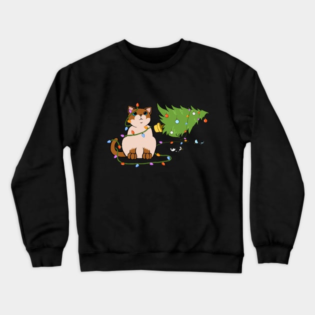 Meowy Christmas Siamese Cat Knocking Over Christmas Tree Crewneck Sweatshirt by xenotransplant